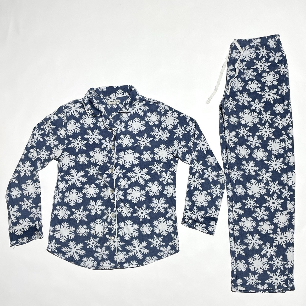 Anne Klein 2 Piece Fleece Pajamas Set Women's Small Blue White Snowflakes